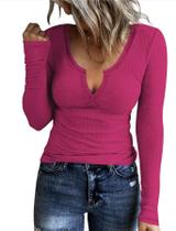 Camisa AKEWEI Soft Fall de manga comprida com decote em V para mulheres rosa choque XL