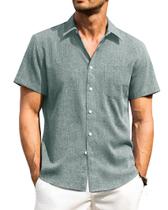 Camisa Alimens & Gentle de algodão e linho de manga curta azul-petróleo para homens Camisa Alimens & Gentle de algodão e linho de manga curta azul-petróleo para homens