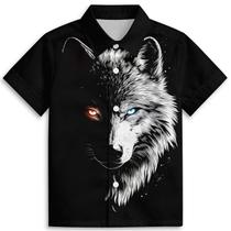 Camisa Amasnay Black Cool Wolf Hawaiian para meninos de 3 a 14 anos
