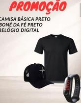 Camisa básica preta+boné da fé preto+relógio digital
