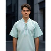 Camisa Bata Indiana Masc Manga Curta Gola Pala Bordada T: M