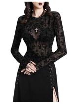 Camisa BEAUDRM Gothic Snake Graphic Malha Transparente de Manga Comprida