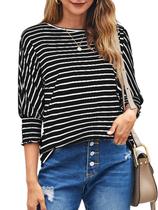 Camisa Bluetime listrada em preto e branco para mulheres, manga 3/4