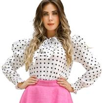 Camisa Blusa Feminina Manga Longa Bufante Com Gola Laço Poa