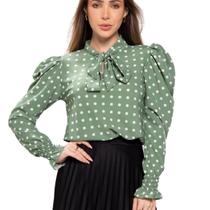 Camisa Blusa Feminina Manga Longa Bufante Com Gola Laço Poa