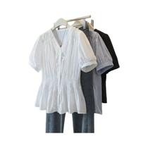 Camisa Blusa Feminina plus Size Com Decote Em V E Manga Curta, Cintura Elástica, Cor Sólida, Para