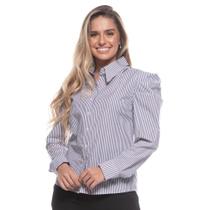 Camisa Botão Feminina Listrada Algodão Manga Bufante