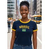 Camisa Brasil Bordada BabyLook Feminina Sem Estado