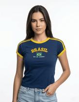 Camisa Brasil Bordada BabyLook Feminina