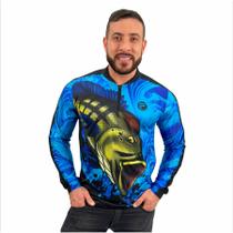 Camisa Camiseta de Pesca Masculina Blusa Tucunare com Proteção Solar UV50+ Manga Longa com Zíper - Oficina Fishing