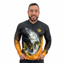 Camisa Camiseta de Pesca Masculina Com Proteção Uv Peixe Robalo com Zíper