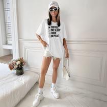 Camisa Camiseta Feminina Estampada Code, No Sleep, Code, Repeat 100% Algodão Fio 30.1 Penteado