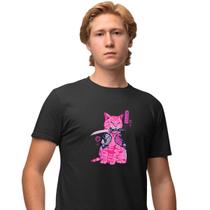 Camisa Camiseta Masculina Estampada Samurai Gato 100% Algodão Fio 30.1 Penteado