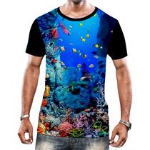 Camisa Camiseta Paisagem Fundo do Mar Peixes Animais HD 3