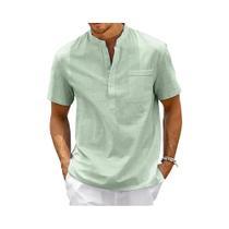 Camisa Casual De Praia Masculina Vintage Em Algodão E Linho Com Gola Henley E Manga Curta Em Cores