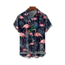 Camisa Casual De Verão Masculina Com Estampa De Folhas E Flamingos, Blusa De Manga Curta Fashion