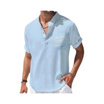 Camisa Casual De Verão Masculina Com Gola Henley Em Algodão E Linho, Respirável, Solta, De Manga