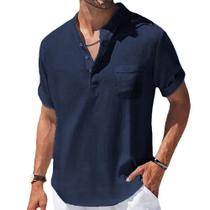 Camisa Casual De Verão Masculina Com Gola Henley Em Algodão E Linho, Respirável, Solta, De Manga