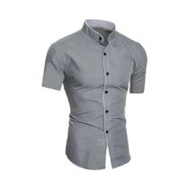 Camisa Casual De Verão Masculina De Manga Curta Em Cor Sólida Com Gola Alta Camisa Casual De Verão Masculina De Manga Curta Em Cor Sólida Com Gola Alta