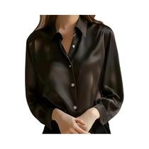 Camisa Casual Elegante De Seda Com Manga Longa plus Size Para Mulheres, Blusa Slim Fit De Luxo Para