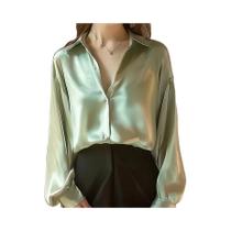 Camisa Casual Elegante De Seda Com Manga Longa plus Size Para Mulheres, Blusa Slim Fit De Luxo Para