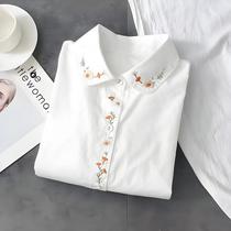Camisa Casual Feminina De Manga Longa Em Algodão Puro Branco Com Bordado E Gola Reversa Para Camisa Casual Feminina De Manga Longa Em Algodão Puro Branco Com Bordado E Gola Reversa Para