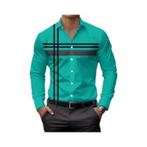 Camisa Casual Listrada Moderna Masculina, Ajuste Regular, Manga Longa, Com Botões, Lavável Na