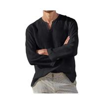 Camisa Casual Masculina De Algodão E Linho Com Decote Em V E Manga Longa, Respirável, Confortável, Camisa Casual Masculina De Algodão E Linho Com Decote Em V E Manga Longa, Respirável, Confortável,