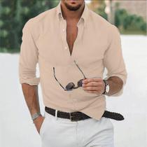 Camisa Casual Masculina De Algodão E Linho De Manga Longa, Corte Solto, Cor Sólida, Estilo Outono