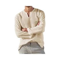 Camisa Casual Masculina De Algodão E Linho Leve Com Decote Em V E Manga Longa, Blusa Respirável Em