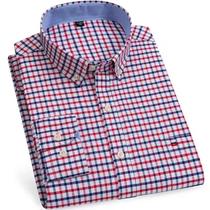 Camisa Casual Masculina De Algodão Oxford Xadrez 7XL 6XL Com Manga Longa E Botão, Com Um Bolso,