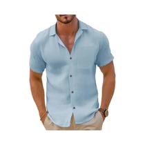 Camisa Casual Masculina De Manga Curta Com Botões Para Verão Praia Texturizada Estilo Cubano Com