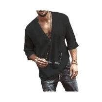 Camisa Casual Masculina De Verão Com Decote Em V E Amarração, Manga Três Quartos Em Cor Sólida