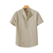 Camisa Casual Masculina De Verão Em Cor Sólida Com Manga Curta, Design Com Bolso Em Algodão E Linho