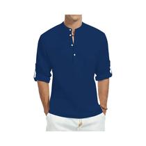 Camisa Casual Masculina Slim Fit De Manga Longa Em Algodão Com Gola Alta E Cor Sólida