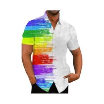Camisa Casual Vintage Havaiana Masculina Com Estampa Floral 3D Arco-Íris E Botões Na Gola