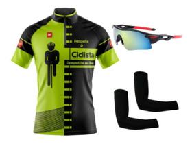 Camisa Ciclismo Bike MTB C/ Proteção UV + Óculos Esportivo Espelhado + Par de Manguitos