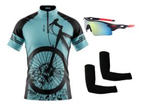 Camisa Ciclismo Bike MTB C/ Proteção UV + Óculos Esportivo Espelhado + Par de Manguitos