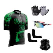 Camisa Ciclismo C/ Proteção UV + Luvas Ciclismo + Óculos Esportivo + Manguito + Bandana
