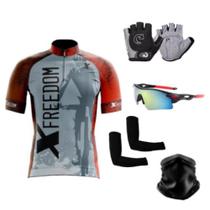 Camisa Ciclismo C/ Proteção UV + Luvas Ciclismo + Óculos Esportivo + Manguito + Bandana