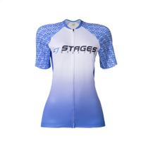 Camisa Ciclismo Feminina GG Zíper Bolso Traseiro Degrade Branca e Azul Corrida Treino Academia Musculação Atrio VB050
