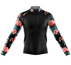 Camisa Ciclismo Floral Flamingo Longa Full Ziper Preta Bike Camisa Ciclismo Floral Flamingo Longa Full Ziper Preta Bike