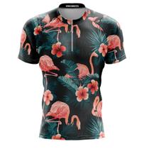 Camisa Ciclismo Floral Flamingo Preta Curta Bike Dry Fit Mtb Unissex UV50 Camisa Ciclismo Floral Flamingo Preta Curta Bike Dry Fit Mtb Unissex UV50