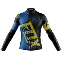 Camisa Ciclismo Fox Azul Manga Longa Dry Fit Mtb Bike Zíper Emborrachado - Decole