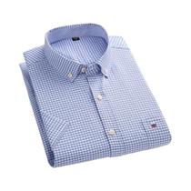 Camisa Clássica Masculina De Manga Curta Oxford Em Algodão Casual Com Estampa Xadrez Listrada Slim
