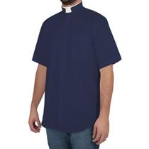 Camisa Clerical Romana Manga Curta Azul Marinho - Algodão