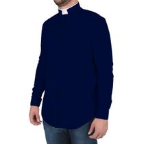 Camisa Clerical Romana Manga Longa Azul Marinho - Algodão