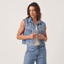 Camisa Colete Jeans Cropped Bolso Com Lapela Botões Frontais Azul Claro