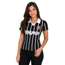 Camisa Corinthians Feminina Baby Look Kalunga Listrada Retrô Polo Torcedor Cor:PretoTamanho:P