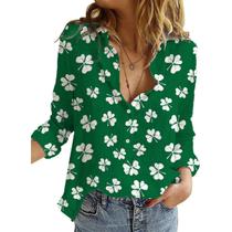 Camisa Corkifux St Patricks Day feminina com decote em V e manga comprida Camisa Corkifux St Patricks Day feminina com decote em V e manga comprida
